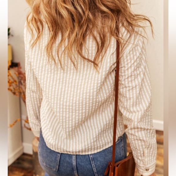 Tan and White Striped Collared Button Down Top - Picture 4 of 7